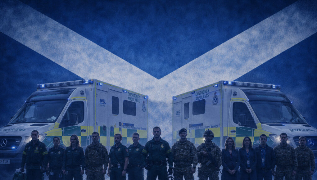 Emergency responders in uniform stand in front of two NHS emergency ambulances with a Scottish flag backdrop behind them.