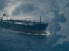 Large oil tanker sailing on choppy blue ocean with a map-like blue overlay in the background, conveying global shipping routes