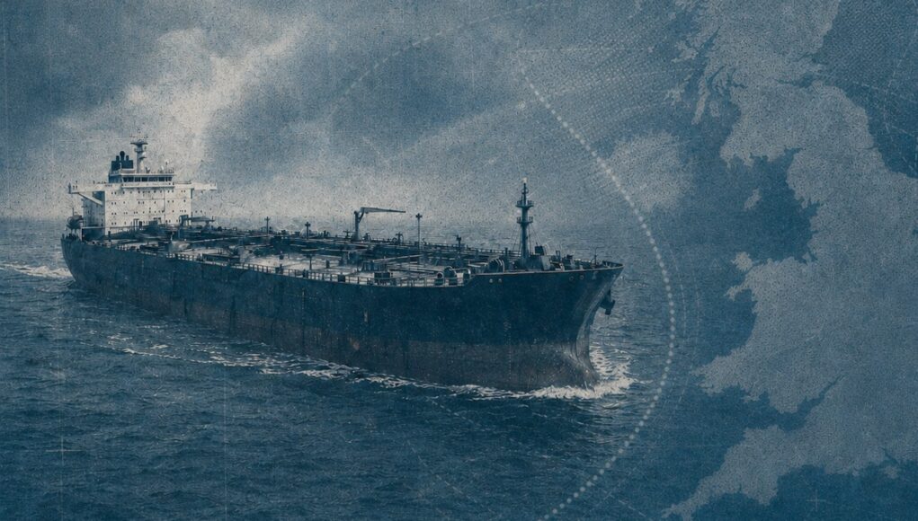 Large oil tanker sailing on choppy blue ocean with a map-like blue overlay in the background, conveying global shipping routes