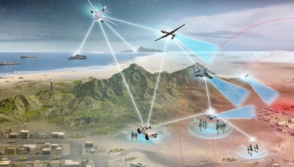 Illustration of a networked battlefield with airplanes, drones, and ground vehicles connected by white lines and radar rings.