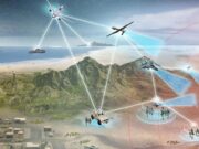 Illustration of a networked battlefield with airplanes, drones, and ground vehicles connected by white lines and radar rings.