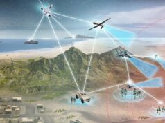 Illustration of a networked battlefield with airplanes, drones, and ground vehicles connected by white lines and radar rings.