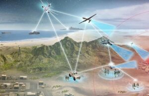 L3Harris tapped for ABMS digital network Illustration of a networked battlefield with airplanes, drones, and ground vehicles connected by white lines and radar rings.