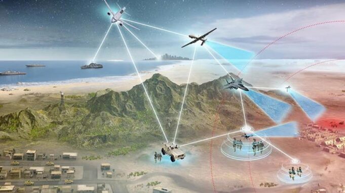 Illustration of a networked battlefield with airplanes, drones, and ground vehicles connected by white lines and radar rings.