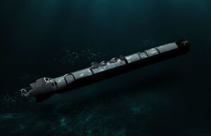 Torpedo submerged in dark ocean water, trailing bubbles as it drifts forward.