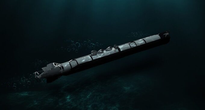 Torpedo submerged in dark ocean water, trailing bubbles as it drifts forward.
