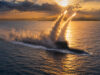 Submarine at sea firing two missiles during sunset, large smoke plumes rising into the sky over calm water.