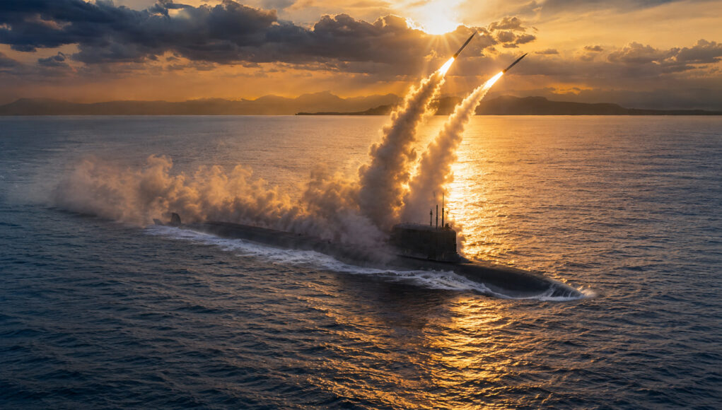 Submarine at sea firing two missiles during sunset, large smoke plumes rising into the sky over calm water.