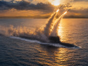 Submarine at sea firing two missiles during sunset, large smoke plumes rising into the sky over calm water.