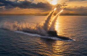 Submarine at sea firing two missiles during sunset, large smoke plumes rising into the sky over calm water.