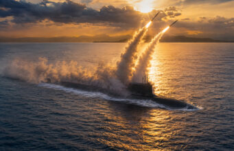 Submarine at sea firing two missiles during sunset, large smoke plumes rising into the sky over calm water.