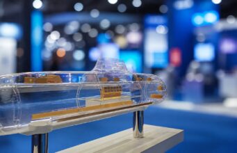 Transparent submarine model on a pedestal, showing orange internal components at a blue-lit expo hall display center.