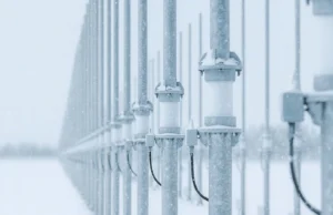 Row of snow-dusted streetlight posts along a railing in a snowy landscape, receding into the distance.