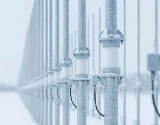 Australia exports over-the-horizon radar to Canada Row of snow-dusted streetlight posts along a railing in a snowy landscape, receding into the distance.
