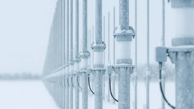 Row of snow-dusted streetlight posts along a railing in a snowy landscape, receding into the distance.