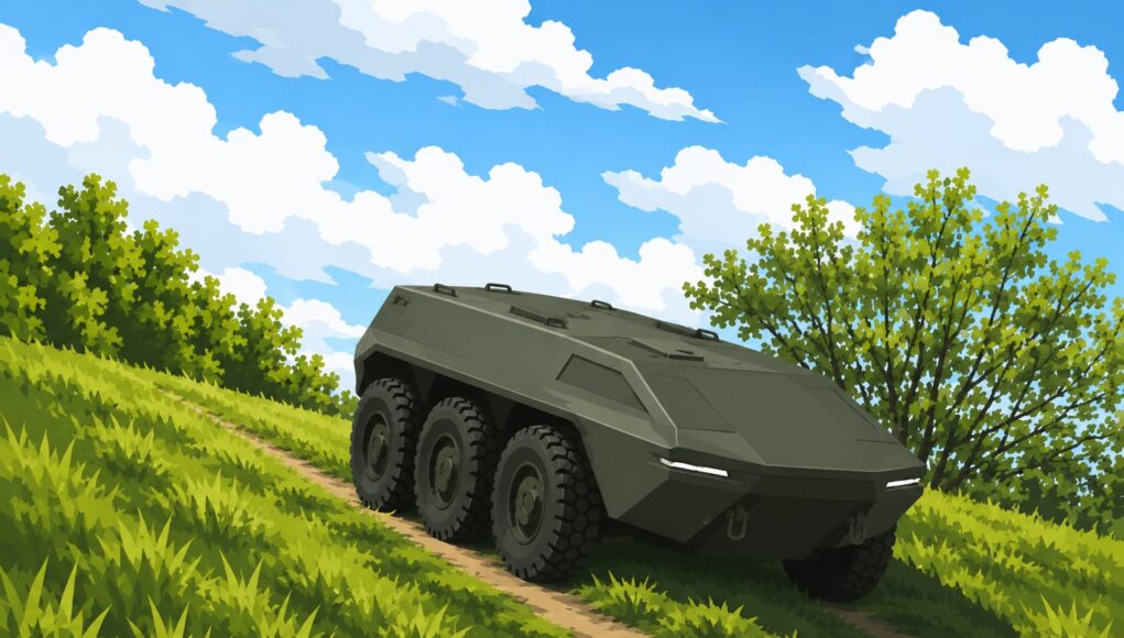 Six-wheeled armored military vehicle climbs a dirt path through a grassy hillside under a bright blue sky with clouds.