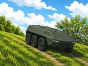 Six-wheeled armored military vehicle climbs a dirt path through a grassy hillside under a bright blue sky with clouds.