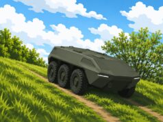 Army to invest in uncrewed ground vehicles, Jarvis confirms Six-wheeled armored military vehicle climbs a dirt path through a grassy hillside under a bright blue sky with clouds.