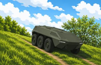 Army to invest in uncrewed ground vehicles, Jarvis confirms Six-wheeled armored military vehicle climbs a dirt path through a grassy hillside under a bright blue sky with clouds.