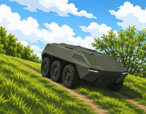 Six-wheeled armored military vehicle climbs a dirt path through a grassy hillside under a bright blue sky with clouds.