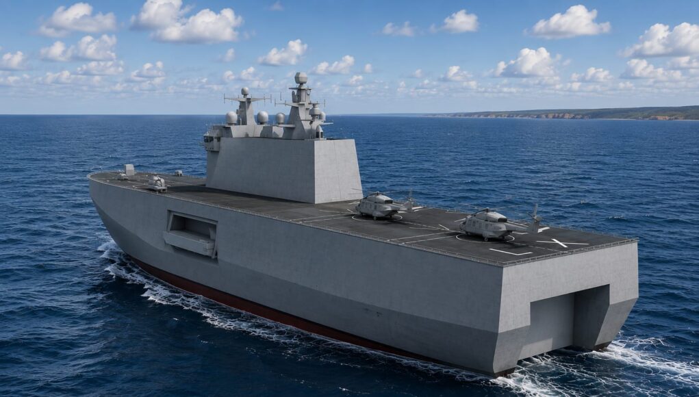 Large gray aircraft carrier&ndash;style ship sailing in the open sea with three helicopters on its flight deck under a partly cloudy sky.