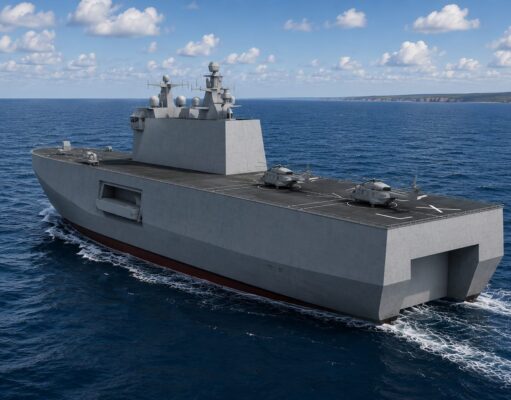 Large gray aircraft carrier&ndash;style ship sailing in the open sea with three helicopters on its flight deck under a partly cloudy sky.
