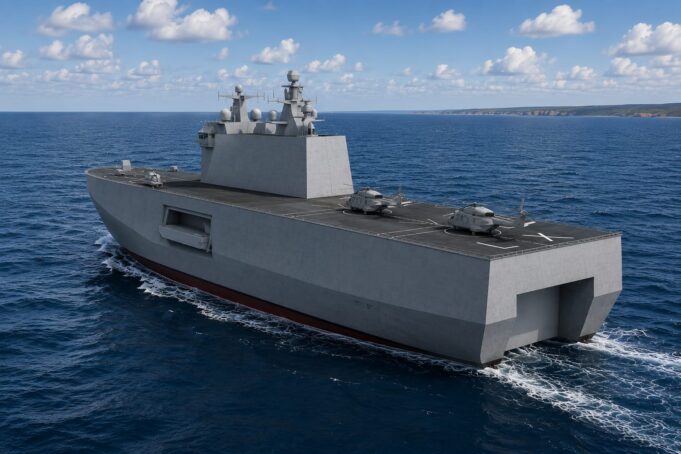 Large gray aircraft carrier&ndash;style ship sailing in the open sea with three helicopters on its flight deck under a partly cloudy sky.