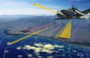 Military aircraft in flight over coastal mountains with colorful radar/flight data overlays projected on the cockpit view.