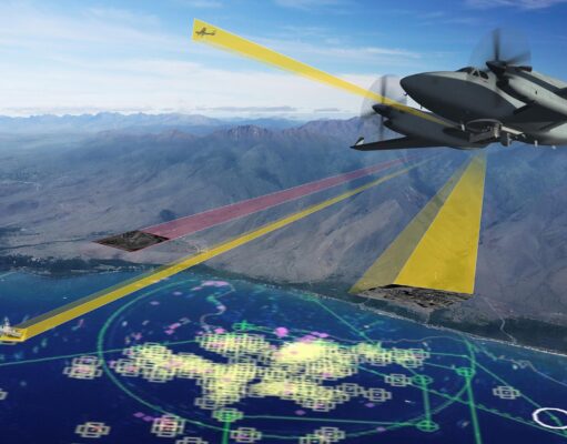 Military aircraft in flight over coastal mountains with colorful radar/flight data overlays projected on the cockpit view.