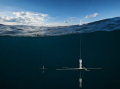Ultra Maritime trials next-gen sub-hunting sonobuoy in UK Underwater research mooring: a vertical instrument with cross-shaped sensor hanging from a line beneath the surface of dark blue water.