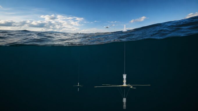 Ultra Maritime trials next-gen sub-hunting sonobuoy in UK Underwater research mooring: a vertical instrument with cross-shaped sensor hanging from a line beneath the surface of dark blue water.