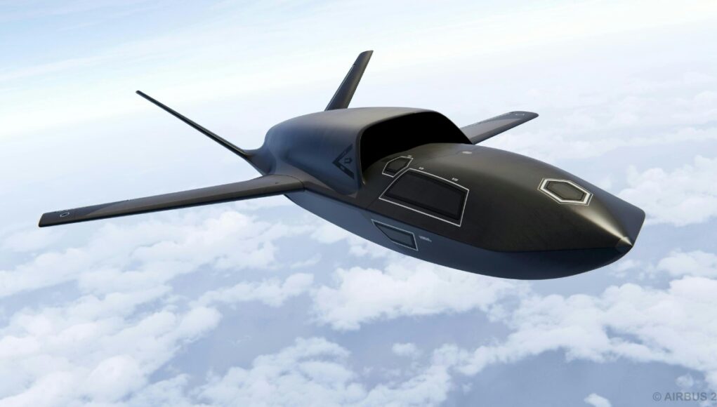 cairbusuccaila2026sky-1 A sleek, black concept aircraft gliding above a cloudy sky with long, slender wings.