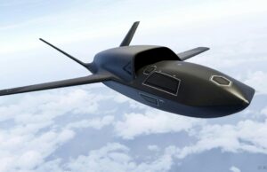 Airbus unveils Ravenstorm combat drone A sleek, black concept aircraft gliding above a cloudy sky with long, slender wings.