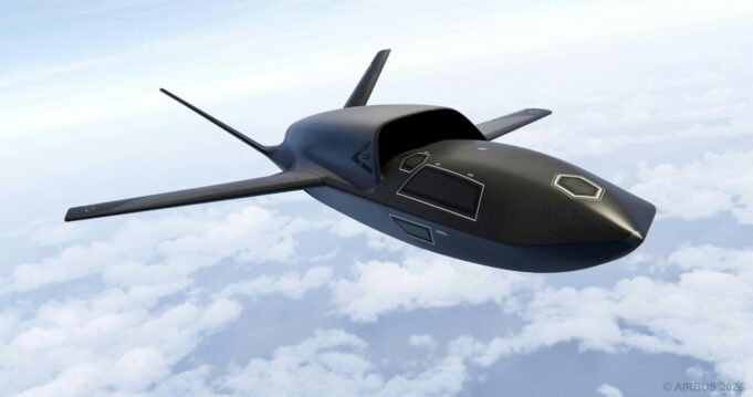 A sleek, black concept aircraft gliding above a cloudy sky with long, slender wings.