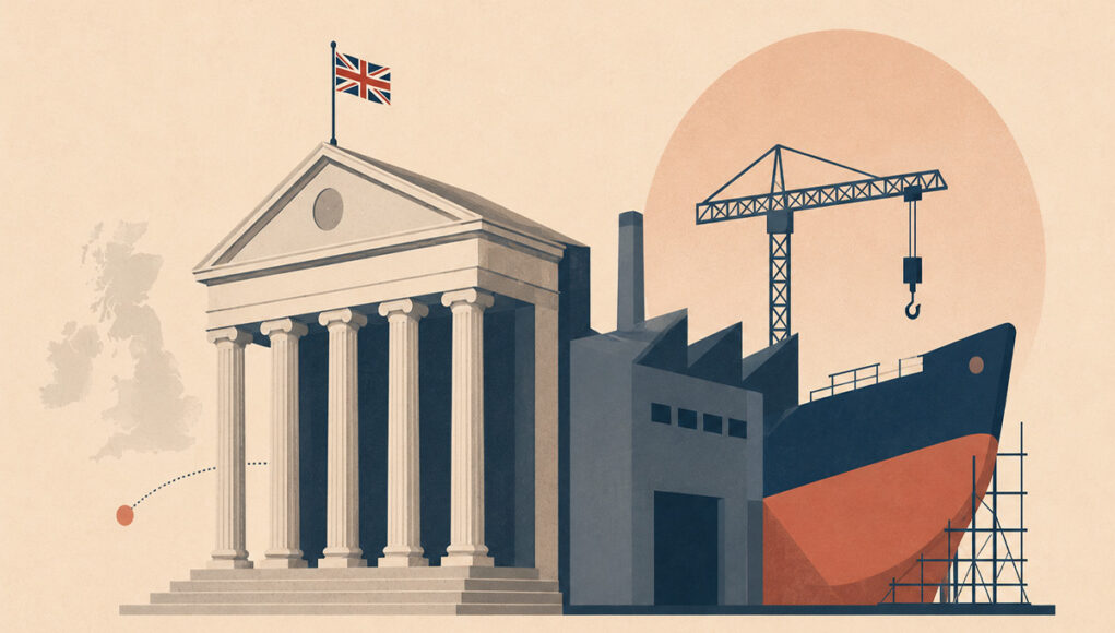defenceFUNDINGGENERIC Neoclassical government building with a Union Jack flag, beside a ship under construction and a crane in a dockyard scene.