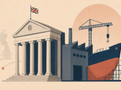 Budgets don’t build defence: Britain must join defence bank Neoclassical government building with a Union Jack flag, beside a ship under construction and a crane in a dockyard scene.