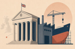Budgets don’t build defence: Britain must join defence bank Neoclassical government building with a Union Jack flag, beside a ship under construction and a crane in a dockyard scene.