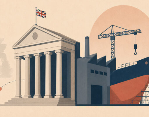 Budgets don’t build defence: Britain must join defence bank Neoclassical government building with a Union Jack flag, beside a ship under construction and a crane in a dockyard scene.