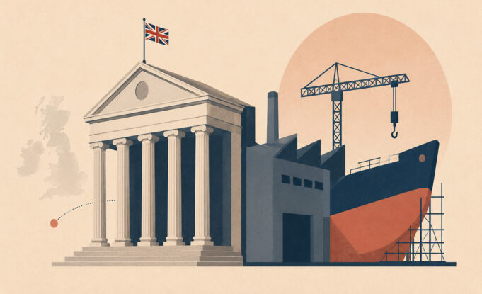Budgets don’t build defence: Britain must join defence bank Neoclassical government building with a Union Jack flag, beside a ship under construction and a crane in a dockyard scene.