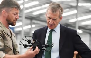 New Defence Secretary opens huge drone centre in Swindon Military personnel in camouflage hands a tactical vest to a businessman in a suit inside a hangar, as they converse.