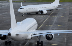 Two large white commercial aircraft on an airport tarmac, one in the foreground viewed from the rear with engines and tail visible, another taxiing in the background.