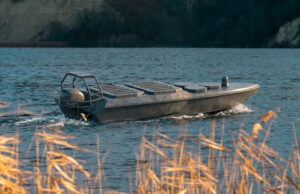 Small aluminum motorboat gliding on a blue lake with a rocky shore in the background, grasses in the foreground.