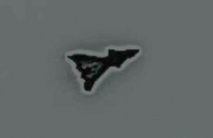Small black irregular triangular sticker with a white outline on a gray surface, facing to the right.
