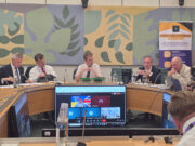 Panel of six men seated around a curved conference table in a formal meeting room, with a Stephen Hoffman Consulting banner in the background and large decorative wall panels behind them.