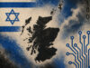 Collage showing Scotland's map, blue circuit lines, binary code, and the Israeli flag motif.