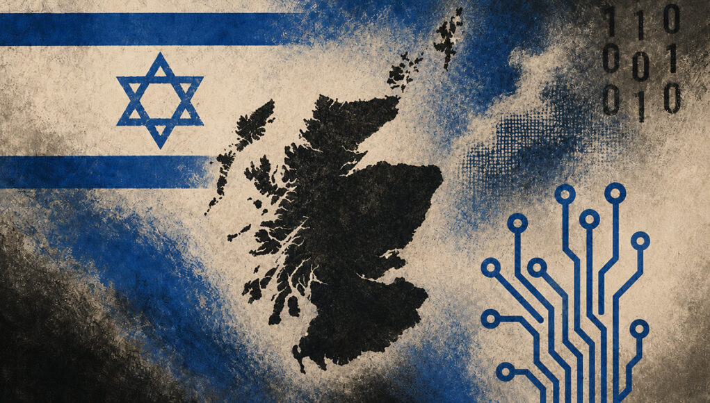 Collage showing Scotland's map, blue circuit lines, binary code, and the Israeli flag motif.
