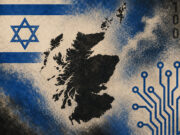 Israeli interference in Scottish vote flagged in Lords briefing Collage showing Scotland's map, blue circuit lines, binary code, and the Israeli flag motif.
