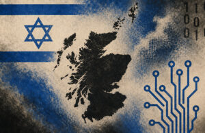 Collage showing Scotland's map, blue circuit lines, binary code, and the Israeli flag motif.
