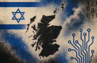 Israeli interference in Scottish vote flagged in Lords briefing Collage showing Scotland's map, blue circuit lines, binary code, and the Israeli flag motif.