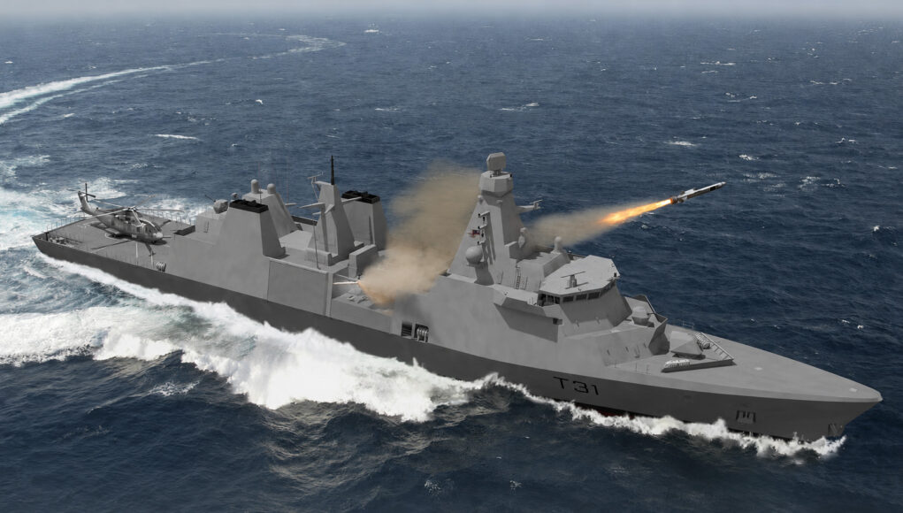 Grey naval warship at sea fires a missile from its launcher, with a helicopter on the aft deck and waves splashing nearby (hull number T31).